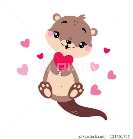 Cute Otter Animal Character with Pink Heart Vector Illustration Cute Otter Animal Character with Pink Heart Vector Illustration 131461735