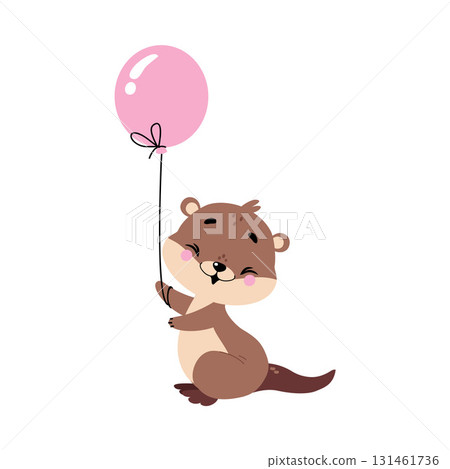 Cute Otter Animal Character with Pink Balloon Vector Illustration 131461736