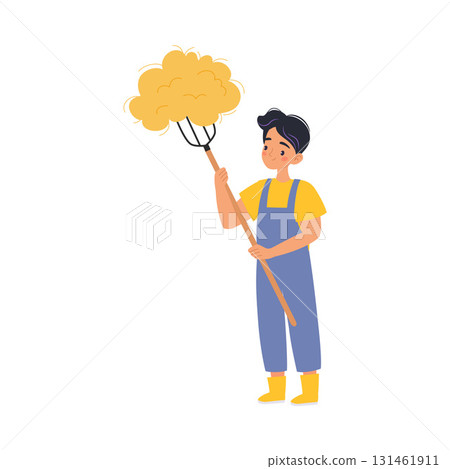 Man Farmer Character stand with Pitchfork and Hay Vector Illustration Man Farmer Character stand with Pitchfork and Hay Vector Illustration 131461911