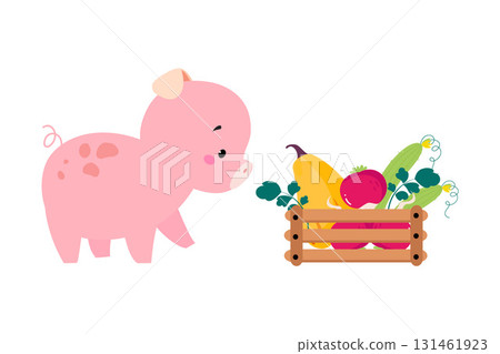 Pig at Veggie Crate as Farm Animal Vector Illustration 131461923