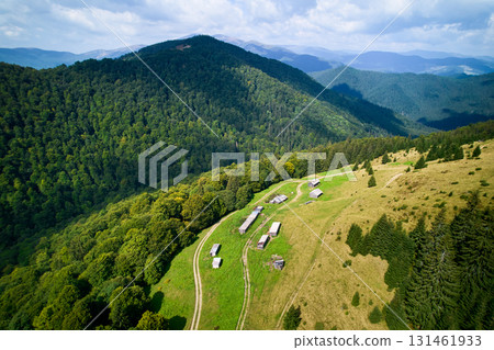 Aerial shot of scenic rural area in Ukraine, featuring series of rustic buildings along winding dirt road. Forested hills provide stunning backdrop, extending into horizon under partly cloudy sky. 131461933