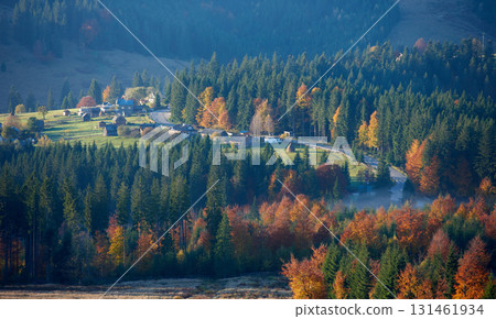Charming village nestled in valley, surrounded by dense forest of evergreens and deciduous trees in full autumn colors. Winding roads and quaint houses dot landscape, with morning mist. 131461934