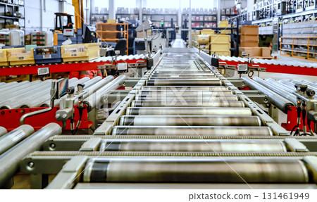 logistic warehouse. packing line in a logistics warehouse. conveyor belt in a modern production line logistic warehouse. packing line in a logistics warehouse. conveyor belt in a modern production line 131461949