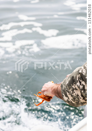fisherman holds freshly caught crab on boat 131462038