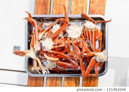 top view of freshly caught crabs in steel tray top view of freshly caught crabs in steel tray 131462046
