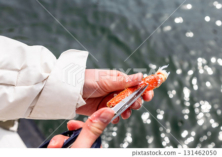 tourist cuts leg of caught crab with scissors 131462050