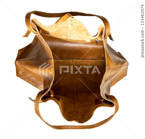 top view of empty soft leather tote bag isolated top view of empty soft leather tote bag isolated 131462074