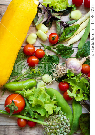 Autumn fresh vegetables on wooden table background Autumn fresh vegetables on wooden table background 131462233
