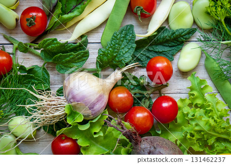 Autumn fresh vegetables on wooden table background 131462237