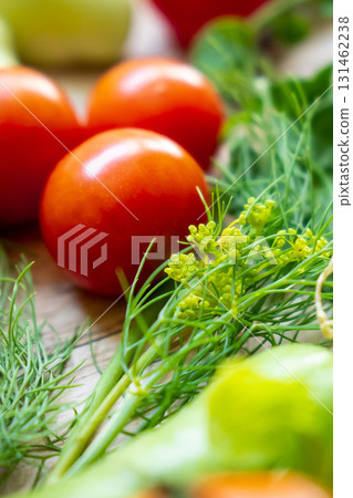Autumn fresh vegetables on wooden table background 131462238
