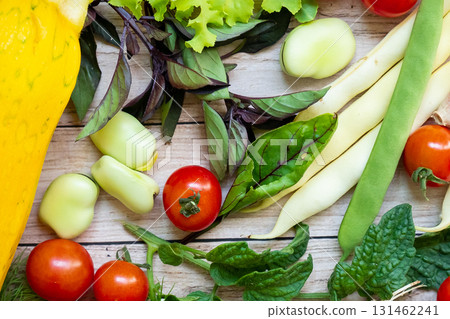 Autumn fresh vegetables on wooden table background 131462241