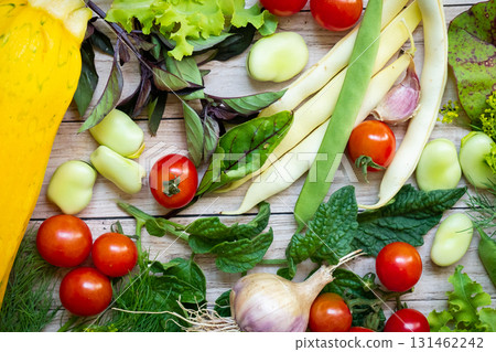 Autumn fresh vegetables on wooden table background 131462242