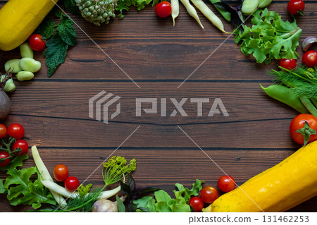 Autumn fresh vegetables on wooden table background Autumn fresh vegetables on wooden table background 131462253