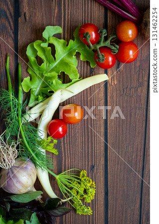 Autumn fresh vegetables on wooden table background 131462254