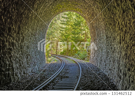 Inside stone railway tunnel looking to forest in Thuringia Germany 131462512