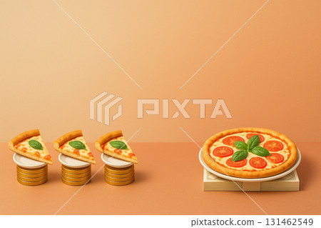 A financial image of stock splits and mergers represented by a pizza margherita 131462549