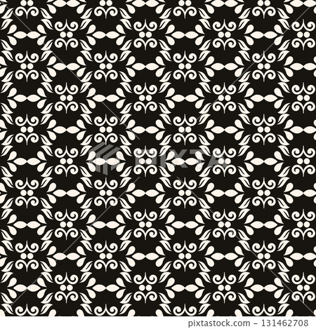 Simple minimalist floral pattern. Minimal seamless texture with small flower shapes. Abstract black and white geometric background. For print, package 131462708