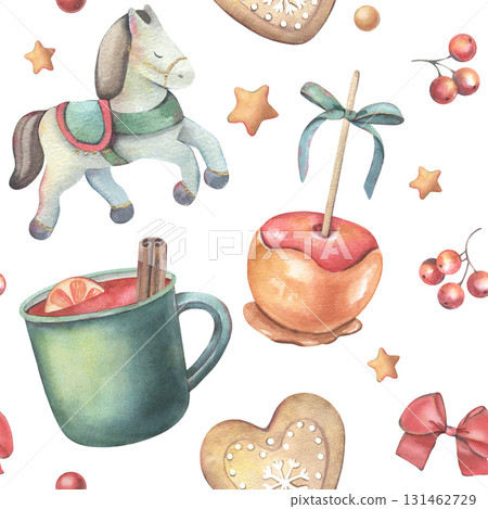 Seamless watercolor Christmas pattern with mulled wine, toy horses, caramel apples, cookies, bows, stars. Hand-painted watercolor illustration isolated on white for wrapping paper, textiles, decor 131462729