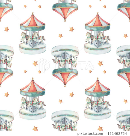 Seamless pattern, merry-go-round carousel, stars. Hand-painted watercolor illustration, ornament isolated on white for printing on textile, wallpaper, packaging, stationery, festive, children decor Seamless pattern, merry-go-round carousel, stars. Hand-painted watercolor illustration, ornament isolated on white for printing on textile, wallpaper, packaging, stationery, festive, children decor 131462734