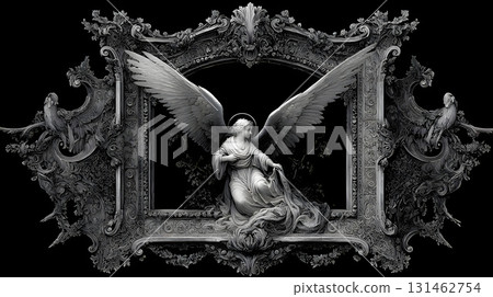 A three-dimensional angel sculpture in an ornate frame 131462754