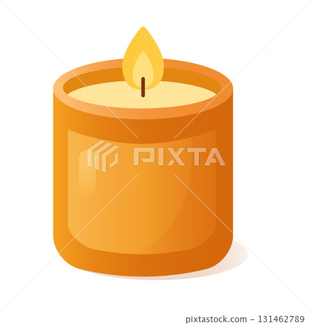 Warm flat style illustration of orange candle in a glass jar with burning flame Warm flat style illustration of orange candle in a glass jar with burning flame 131462789