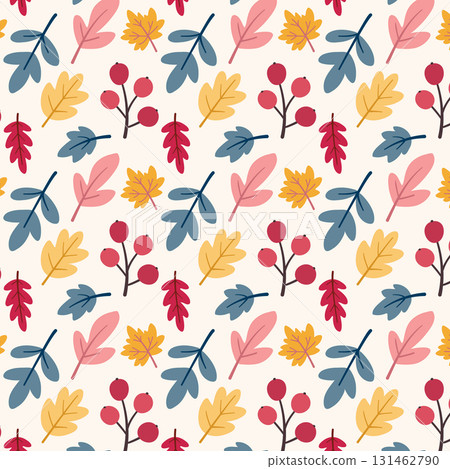 Seamless autumn pattern with colorful leaves and berries in modern flat style Seamless autumn pattern with colorful leaves and berries in modern flat style 131462790