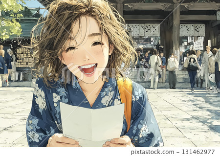 美優系列：白天，身穿浴衣的女性在神社院內讀簽 131462977