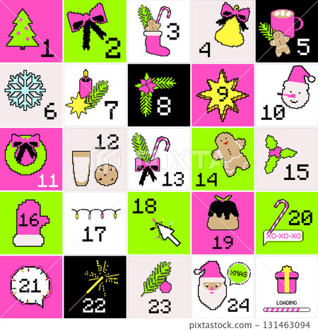 Pixel art Christmas advent calendar with festive Pixel art Christmas advent calendar with festive 131463094