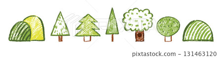 Kids tree doodle, hand drawn naive forest cartoon illustration, hand drawn wax crayon texture print. 131463120
