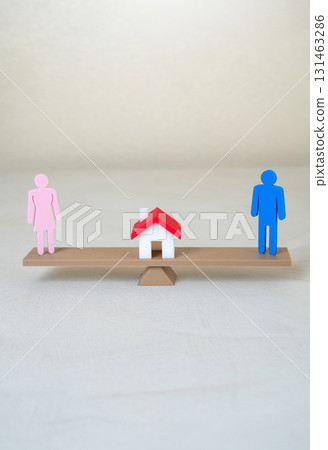 A man, a woman, and a house in the balance. Domestic responsibilities. The right to jointly owned property in case of divorce. Useful for law, real estate and family relations. 131463286