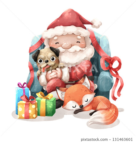 Watercolor cartoon illustration of santa claus is embracing a little pug dog and sitting on sofa, fox sleeping on the floor is full of gift boxes in christmas day . Isolate white background . 131463601
