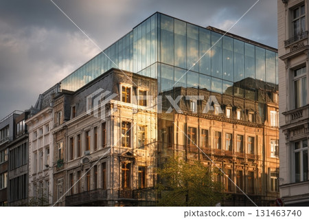 Vintage architecture blending with modern glass facade in urban setting 131463740