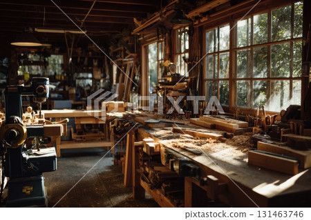 Workshop with traditional woodworking tools and modern power tools craftsman working 131463746