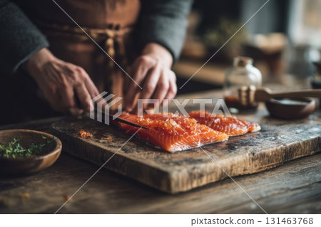 Hands cutting candied salmon on aged cutting board kitchen counter quiet rustic atmosphere Hands cutting candied salmon on aged cutting board kitchen counter quiet rustic atmosphere 131463768