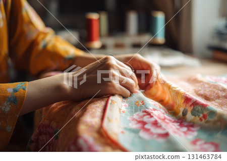 Seamstress sewing traditional fabric by hand in home workshop Seamstress sewing traditional fabric by hand in home workshop 131463784