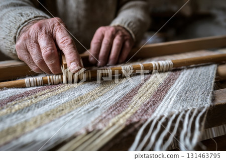Crafting traditional fabric on modern loom close-up 131463795