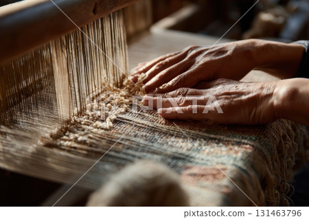 Crafting traditional fabric on modern loom close-up 131463796