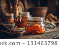 Jar of homemade candied salmon with syrup glaze 131463798