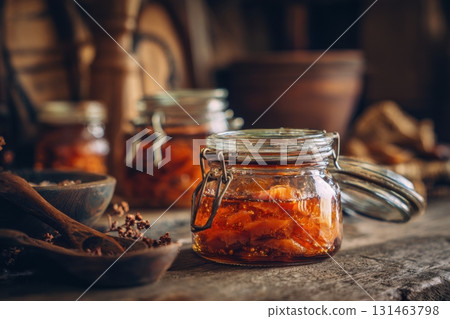 Jar of homemade candied salmon with syrup glaze 131463798
