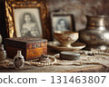 Vintage family heirlooms on wooden table 131463807