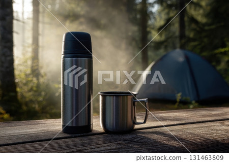 Morning scene with thermos and mug on table 131463809