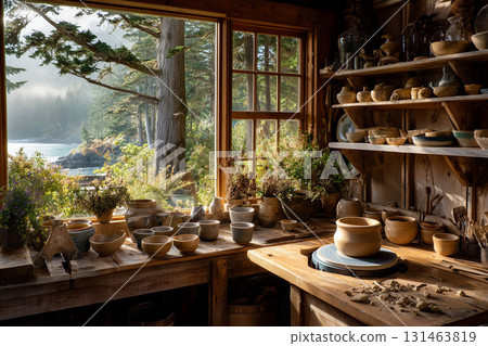 Rustic Pottery Studio with Handmade Ceramic Bowls, Vases and Mugs on Wooden Shelves and Workbench by Large Window Overlooking Forest Coastline 131463819