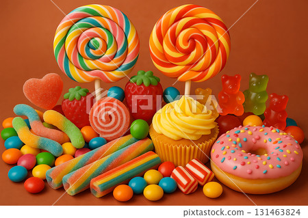 Colorful Assortment of Candies with Lollipops Donut Cupcake and Sweets on Brown Background for Celebration and Advertising Concept 131463824