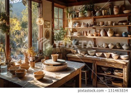 Artist's Pottery Studio with Golden Light 131463834