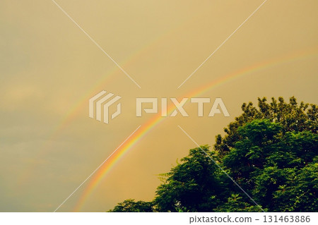 double rainbow in summer sunset 131463886