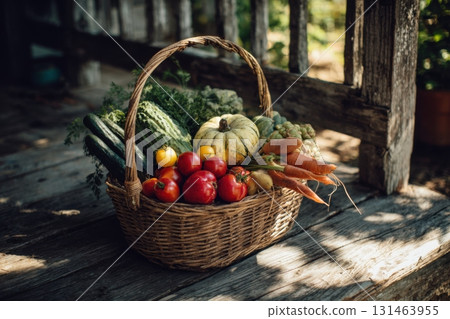Eco basket of fresh fruits and vegetables on rustic porch symbolizing healthy lifestyle 131463955