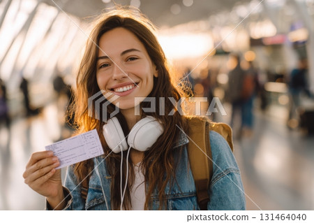 Young woman holding concert ticket at airport terminal backpack headphones 131464040