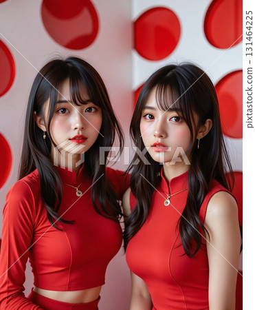 A duo of idol groups photographed wearing red outfits A duo of idol groups photographed wearing red outfits 131464225
