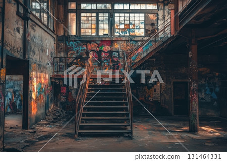 Abandoned warehouse transformed into art gallery showcasing industrial textures, metal stairs, urban graffiti 131464331