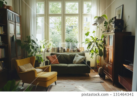 Cozy home interior featuring repurposed furniture, soft colors, and plants for sustainable living 131464341
